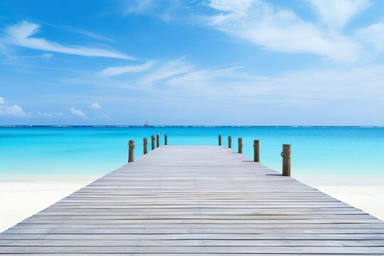 Amazing travel landscape concept. Beautiful best tropical Maldives island and wooden pier pathway. Sunny beach sea bay coconut palm trees on blue sky for nature holiday vacation background concept