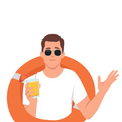Attractive handsome young excited man wearing swim shorts, life buoy, sunglasses drinking coctail or orange juice. Buoy tires. Flat vector illustration isolated on white background
