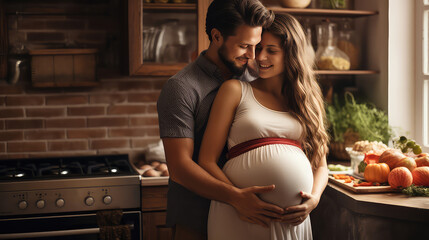 Cute young married couple in the kitchen. Man hugs pregnant wife, happy family.