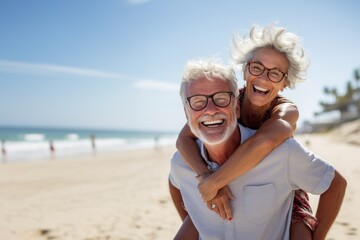 Happy senior man carrying woman on back in a sunny day on the beach.