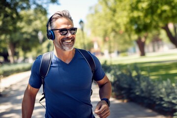 Handsome middle aged man in sports uniform is warming up, smiling during morning run