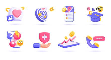 3d Business icon set. Trendy illustrations of Heart Chat bubble, Achievement, Phone Navigation, Education, Social Media, Healthcare, Investment, Customer Support, etc. Render 3d vector objects - 652326594