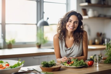 Sporty young woman is preparing healthy food on light kitchen. Green healthy food concept.