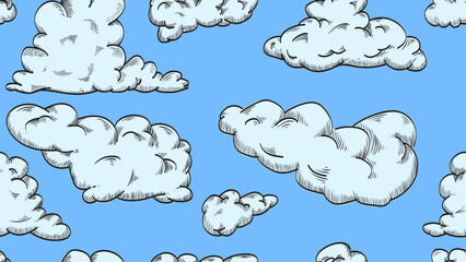 Blue sky with white clouds. Vector seamless background.