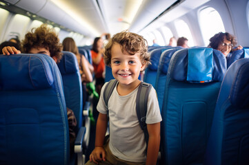 Photo of child boy standing in the airplane