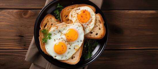 Top view of fried eggs and toast in a heart shape on a wooden table
