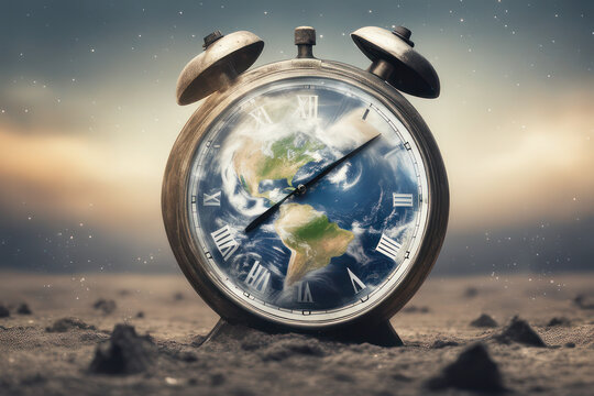 Clock ticking over planet Earth global warming, environment concept, generative ai