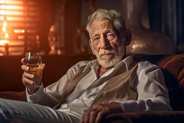 Fotobehang Portrait of elderly man with glass of alcohol at home © alas_spb