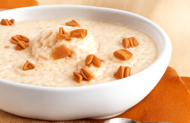 Rice pudding with cinnamon on white background