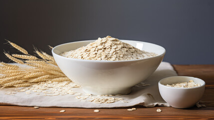 Oatmeal dry cereal in a white bowl, natural oat cereal, a healthy breakfast. Copy space for text, flat lay. 
