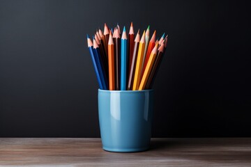 Colorful pencils in a blue vase on a black background. Generative AI.