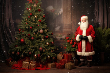 Santa Claus with gifts near the Christmas tree. Christmas and New Year. Generative AI.