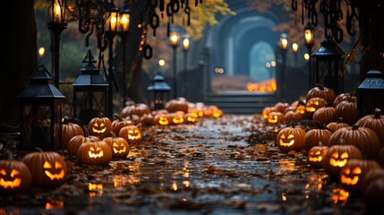 The road in the park is decorated with many Halloween pumpkins, Generative AI