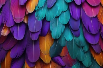 Close up of colorful bird feathers for background or texture. Generative AI.
