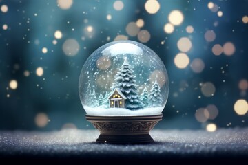 Fototapeta na wymiar Snow globe with christmas tree inside on snow and bokeh background. Generative AI.
