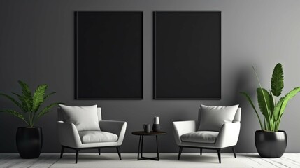  Mockup canvas black frame on the wall with sofa.