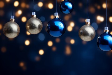 Fototapeta na wymiar Christmas balls on dark blue bokeh background. New Year concept. Generative AI.