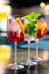 set summer alcoholic cocktail on table in cafe
