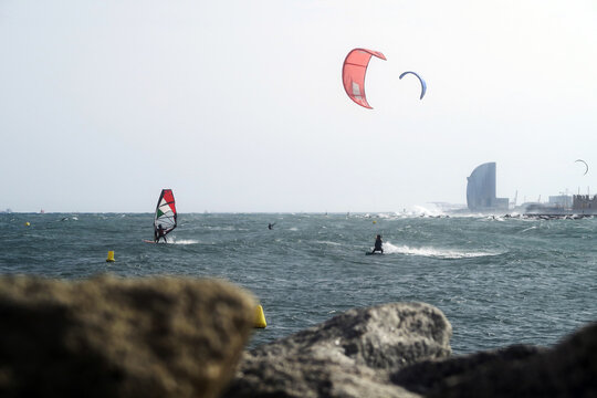 Kite surfing on the sea near Barcelona beach