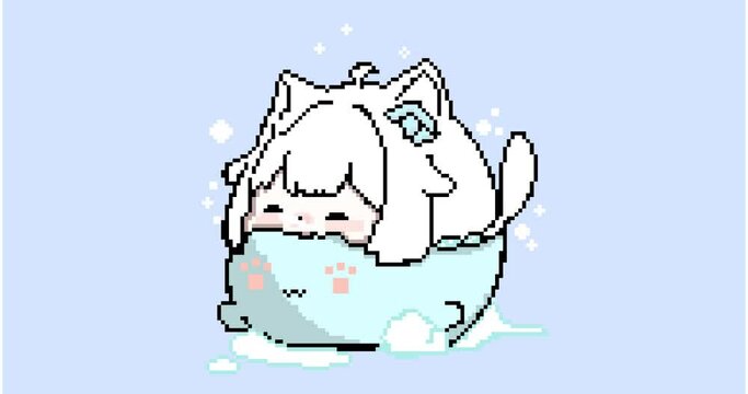 pixel animation cute anime cat inside bubble bath