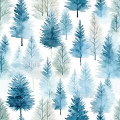 Watercolor seamless pattern with winter forest
