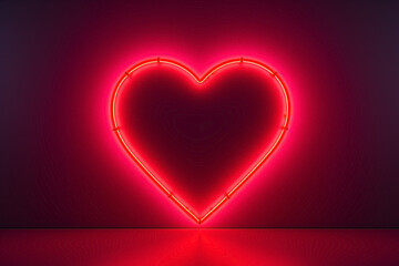 Red neon light heart on dark background.