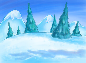 cartoon landscape with snow and trees