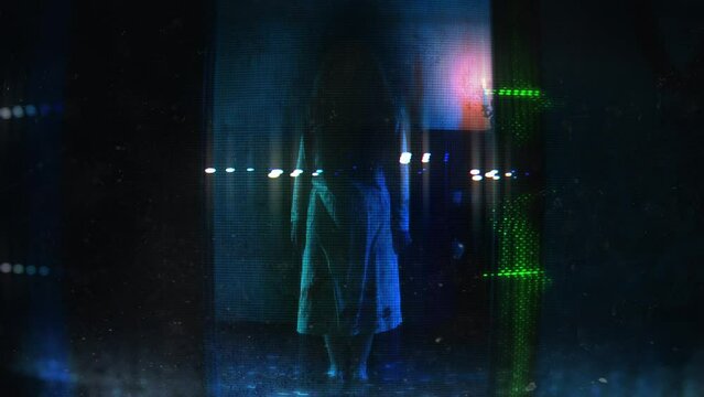Female ghost with long messy hair standing in dark room, glitchy old tv effect