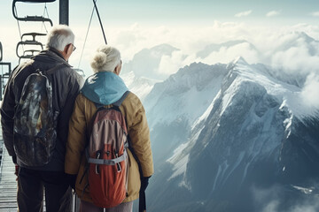 Two mature gray-haired retired men from the back, in the winter mountains near a ski lift or funicular. Active lifestyle of older people. - obrazy, fototapety, plakaty