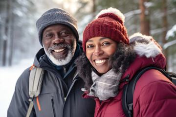 Fototapeta premium two mature African-American men with backpacks on a winter hike in the forest. Active lifestyle of pensioners in winter.