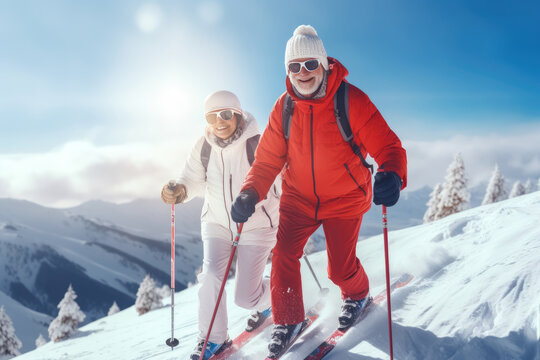 two pensioners skiing in the mountains. Active lifestyle of old people in winter.