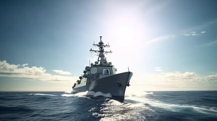 Middle of the ocean, A high speed naval vessel of the military elite special forces sailing fast - obrazy, fototapety, plakaty