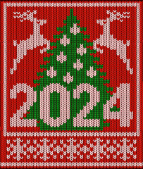 Knitted Happy new 2024 year card with  xmas tree and deers, vector illustration	