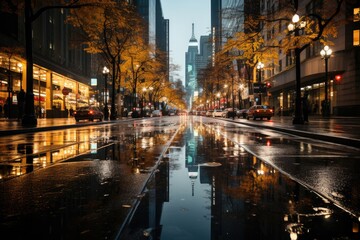 City in night rain, lights reflect on wet streets., generative IA