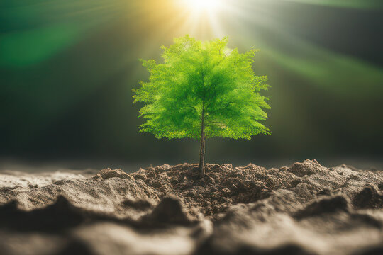 green tree growing sun on cracked earth, saving environment, climate change, environment concept, generative AI	