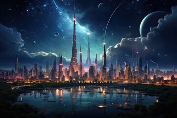 Fototapeta na wymiar Futuristic city under light night sky, ships and bright skyscrapers., generative IA