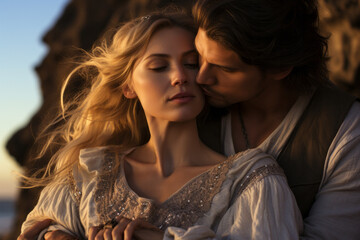 A handsome man in love with a beautiful woman with long blonde hair, sitting on the beach, with ocean in background , pirate couple in vintage clothing
