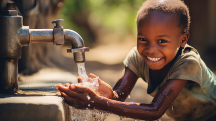 African child extends his hands toward a faucet of clean drinking water - obrazy, fototapety, plakaty