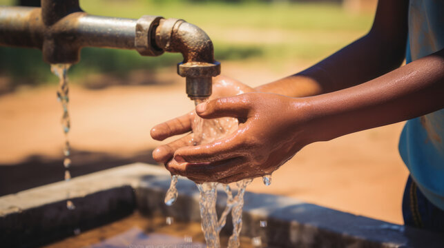 African Child Extends His Hands Toward A Faucet Of Clean Drinking Water