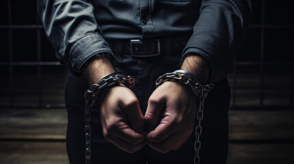 Male hands in chain handcuffs close-up view