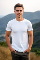 Handsome lean man wearing a plain white tshirt mockup outdoor in front of mountains nature background
