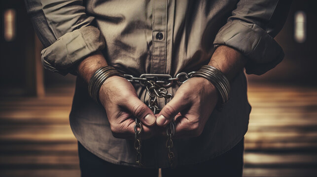 Male hands in chain handcuffs close-up view