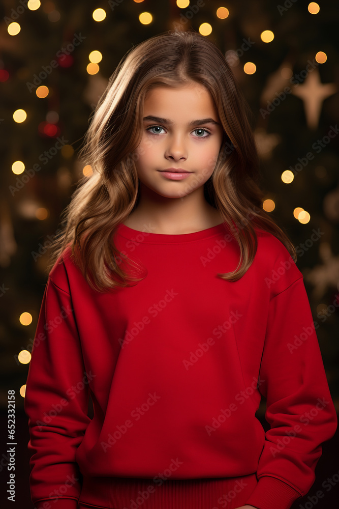 Wall mural Happy girl kid wearing a red mock-up crew neck sweatshirt , Christmas sweater Mockup with Christmas decorations background - Wall murals