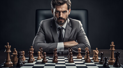 Professional manager making strategic decisions concept with a business man in front of a chessboard