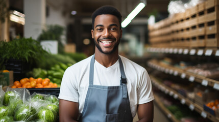 Smiling young male supermarket worker looking at the camera inside the grocery store