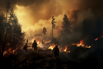 Fototapeta na wymiar firefighters in the forest with burning fire