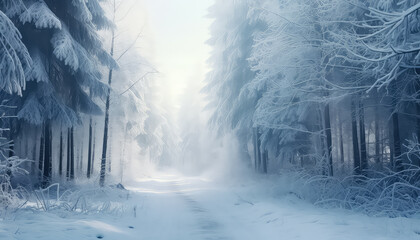 Fototapeta na wymiar Beautiful winter forest landscape with frost on the trees