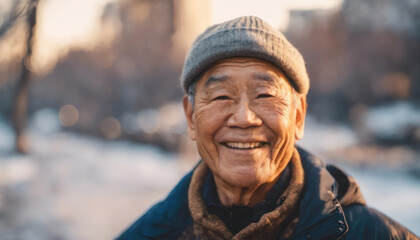 Happy elderly asian man in winter outdoors with copy space - Powered by Adobe