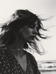 Moody black and white portrait of a free-spirited woman by the sea, with a cloudy sky.