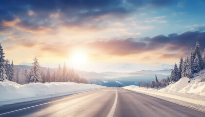 Beautiful winter road at sunset - obrazy, fototapety, plakaty